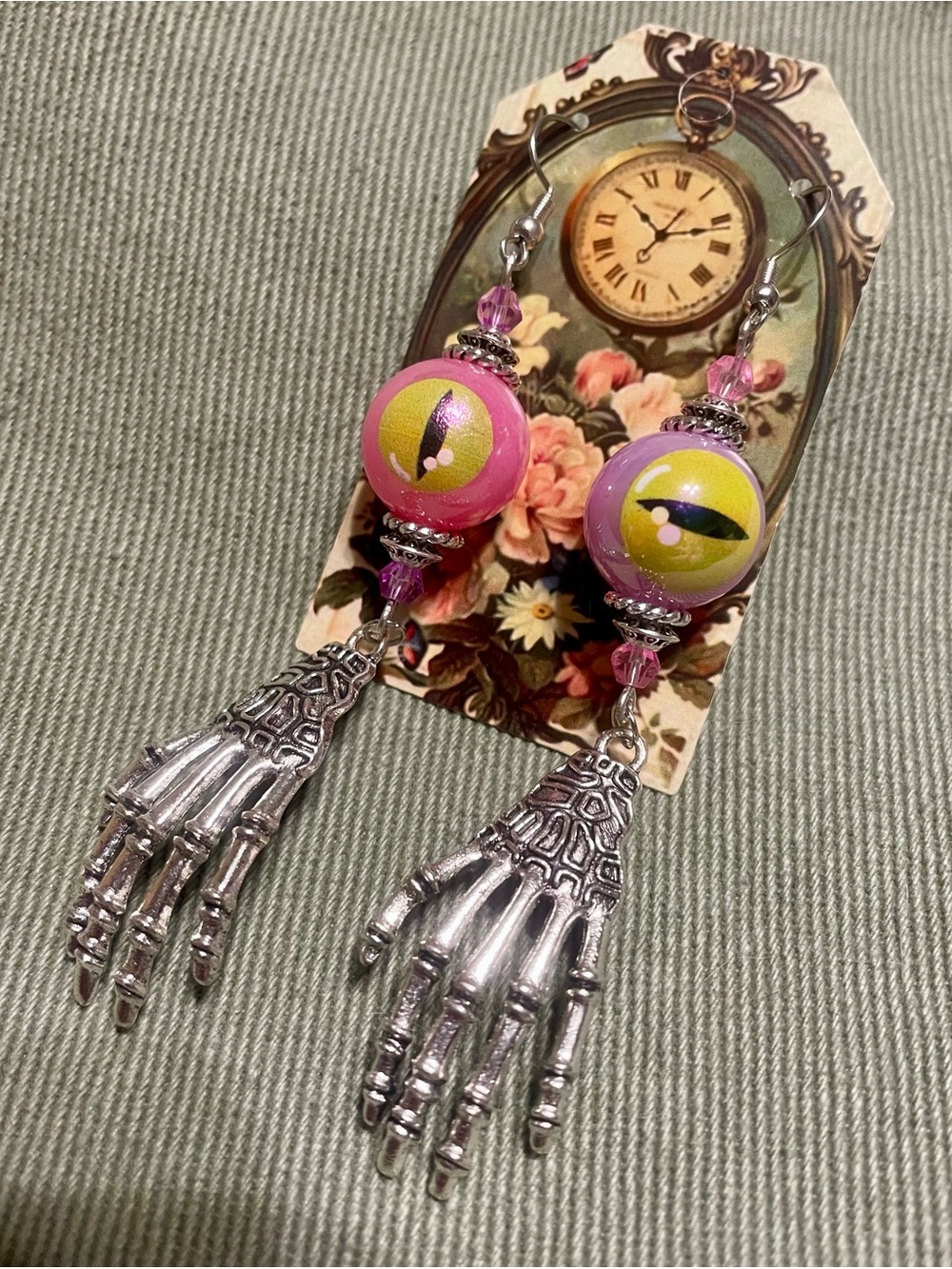Hand Crafted Pink & Lavender Eyeball Bead Skeleton Hand Drop Earrings
